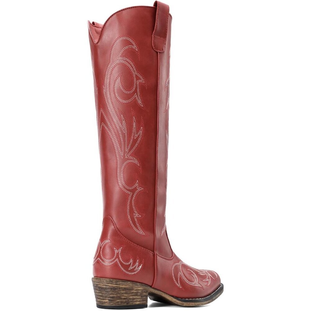 Women's Red Embroidered Cowboy Boots Comfortable Cowgirl Knee High Boots - Picture 4 of 8